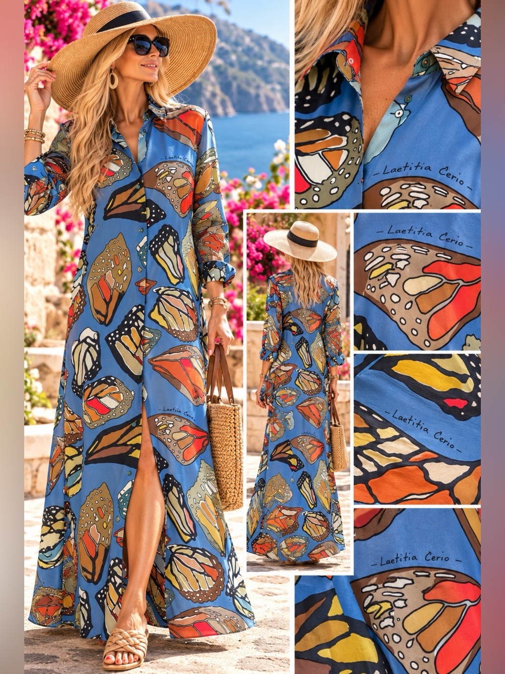 Signed Letizia Cerio Butterfly Print Italian Resort Maxi Shirt Dress Eco Capri S